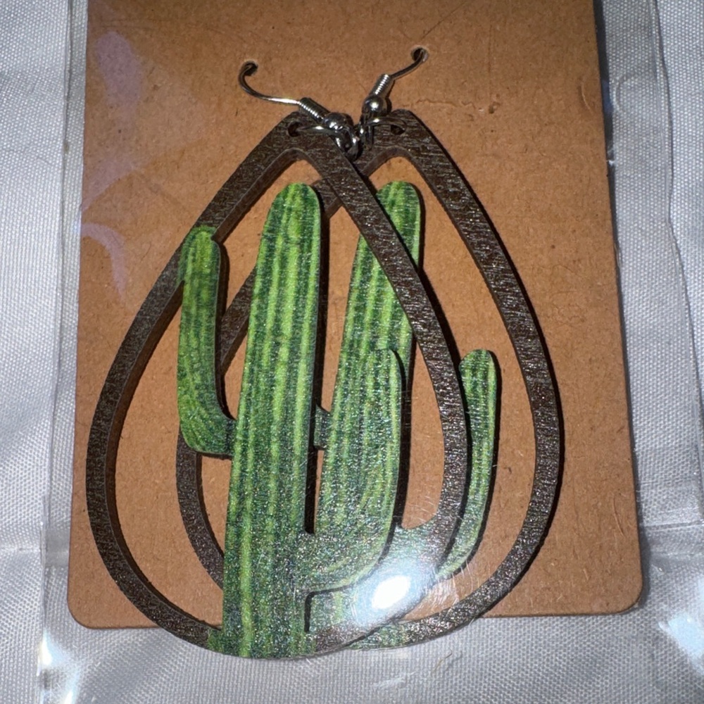 Green and Brown Wood Cactus Earrings